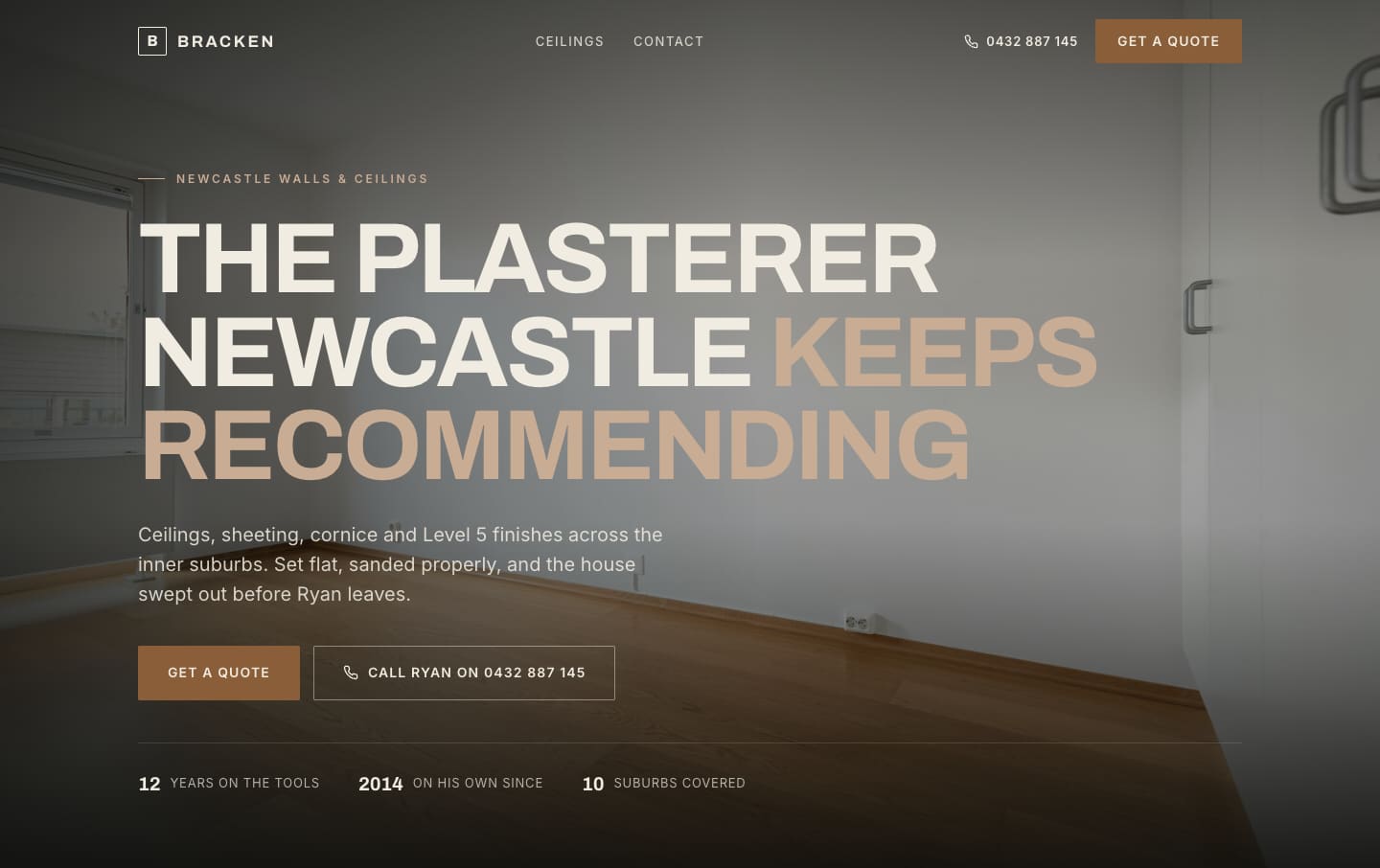 The Bracken Plastering website, a plastering business in Adamstown, shown in a desktop browser