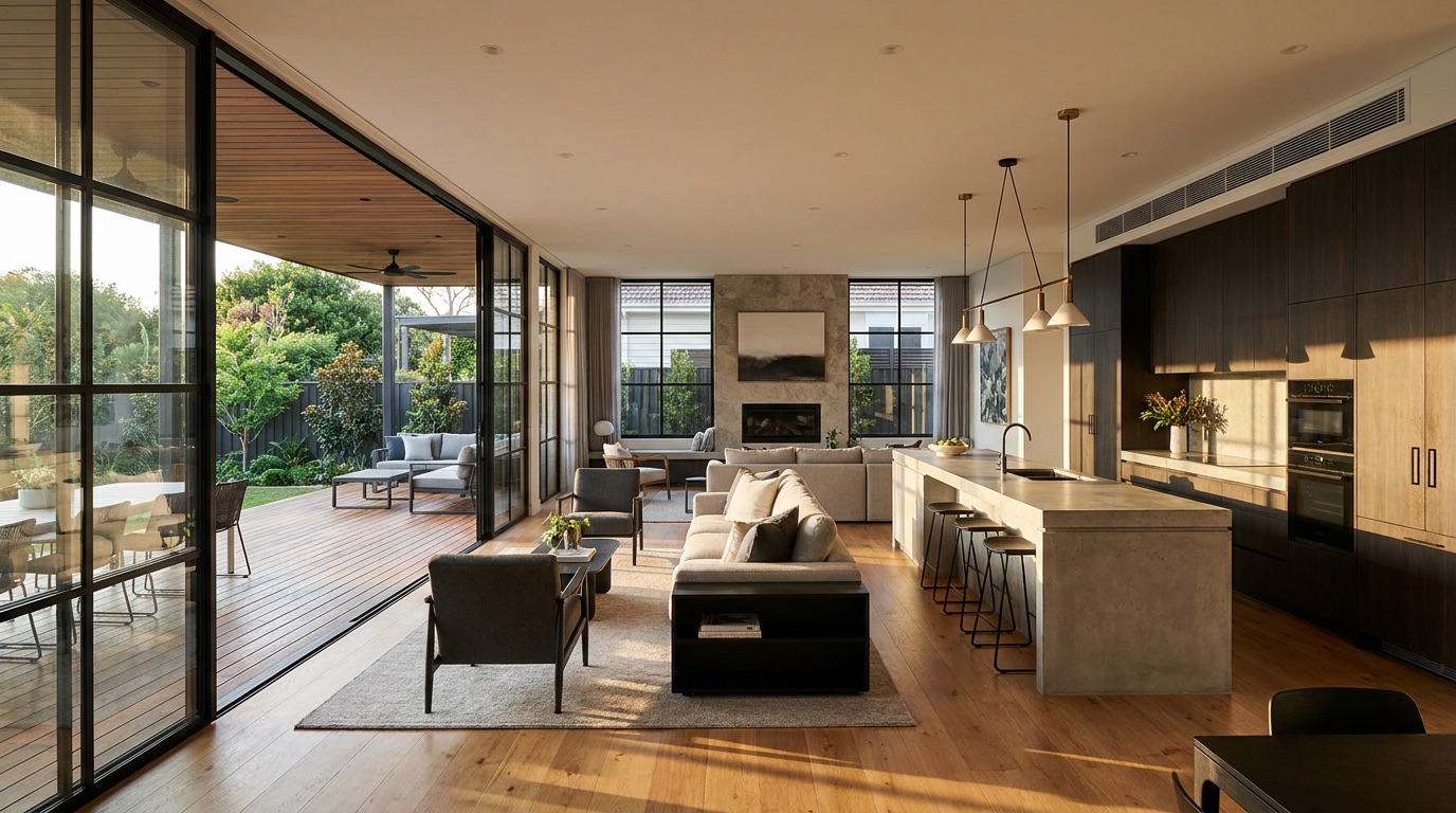 Open-plan living and kitchen in a Newcastle home renovation by Hammond & Co